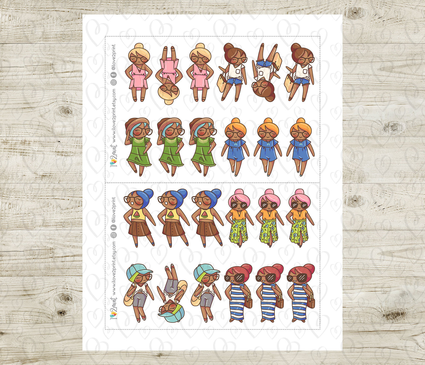 Elena Summer Outfit Brown Skin Printable Stickers | 8 Fashion Styles | PDF Cut Files | Instant Download