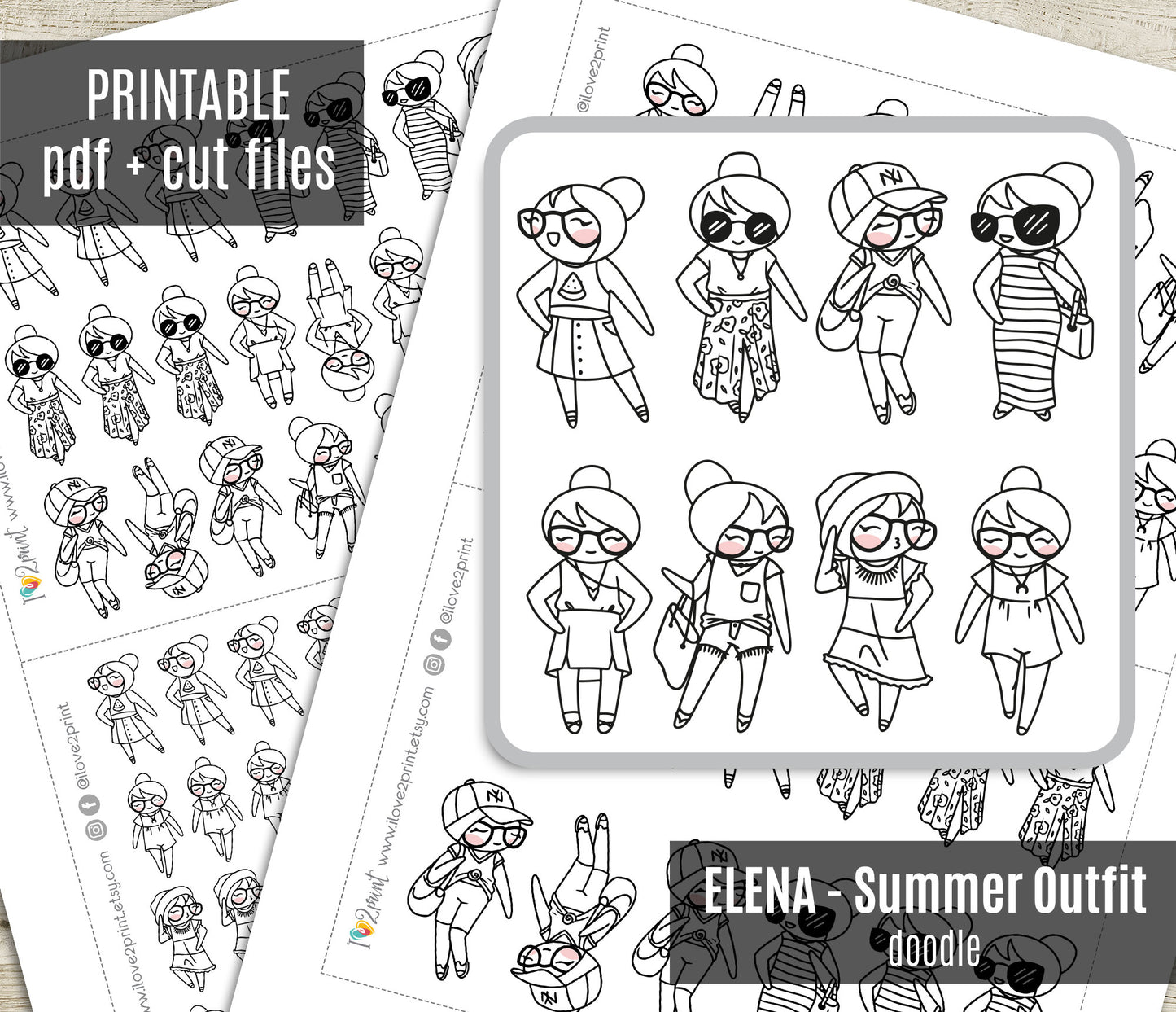 Elena Summer Outfit Doodle Printable Stickers | 8 Fashion Outlines | PDF Cut Files | Instant Download
