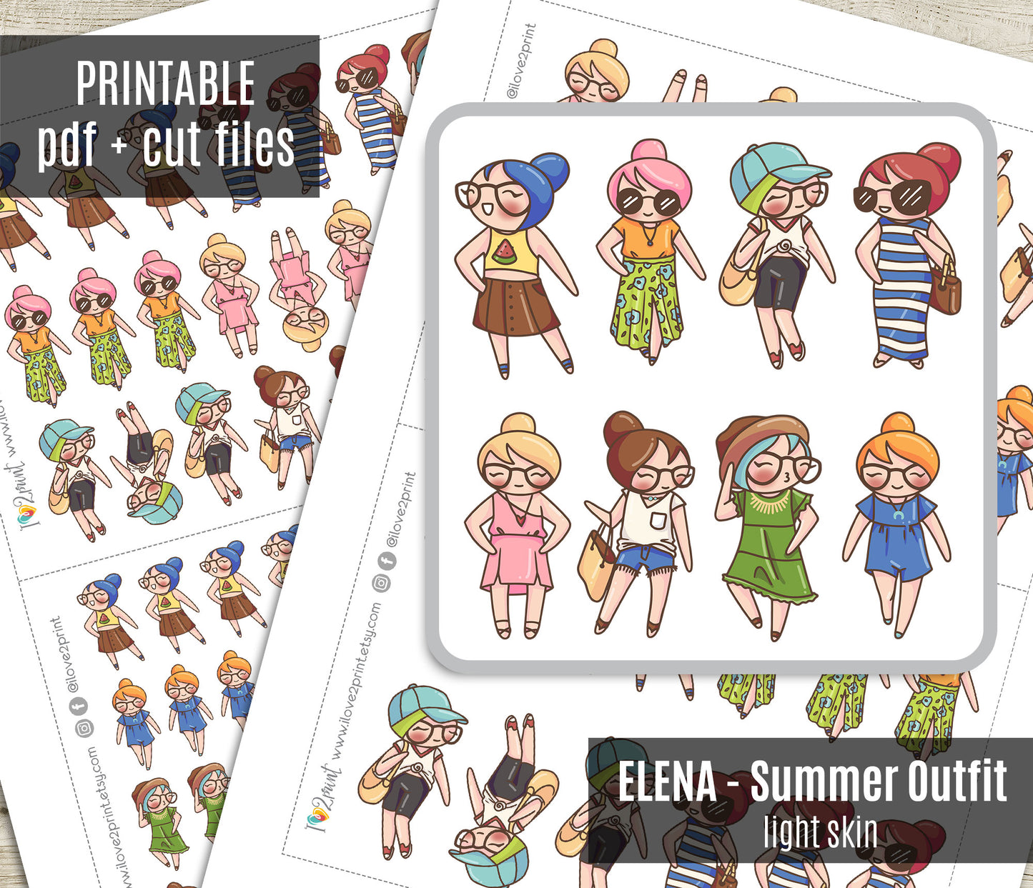 Elena Summer Outfit Light Skin Printable Stickers | 8 Fashion Styles | PDF Cut Files | Instant Download