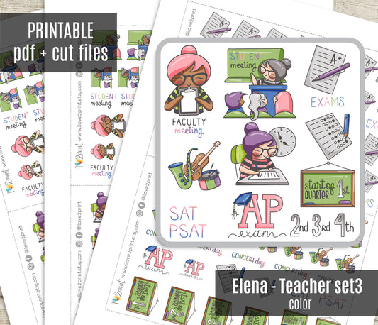 Elena Teachers Set 3 – COLOR Printable Planner Stickers – Exams, Meetings & Events – PDF + Cut Files