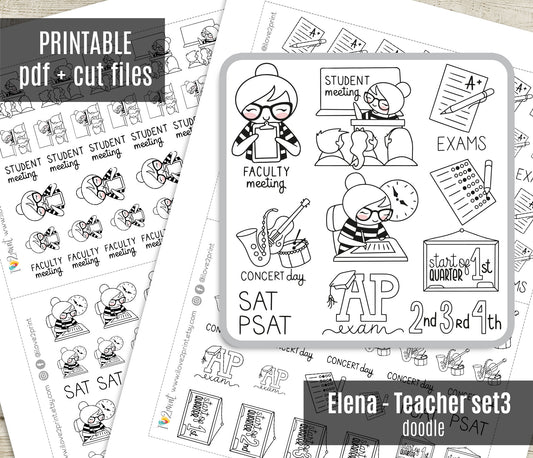 Elena Teachers Set 3 – DOODLE Printable Planner Stickers – Exams, Meetings & Events – PDF + Cut Files