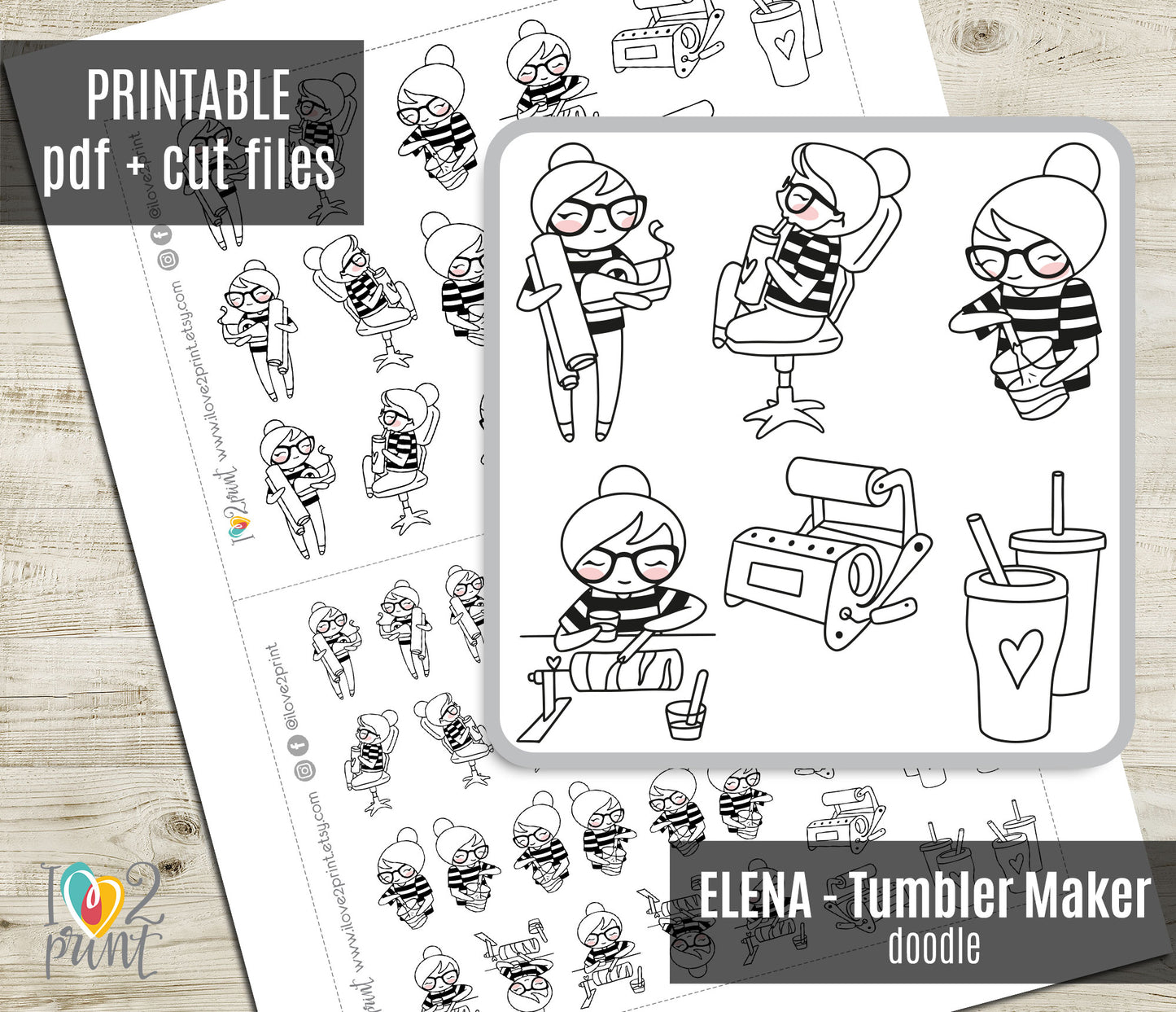 Elena Tumbler Doodle Printable Planner Stickers | Outline Craft | 2 Sizes | PDF Cut Files