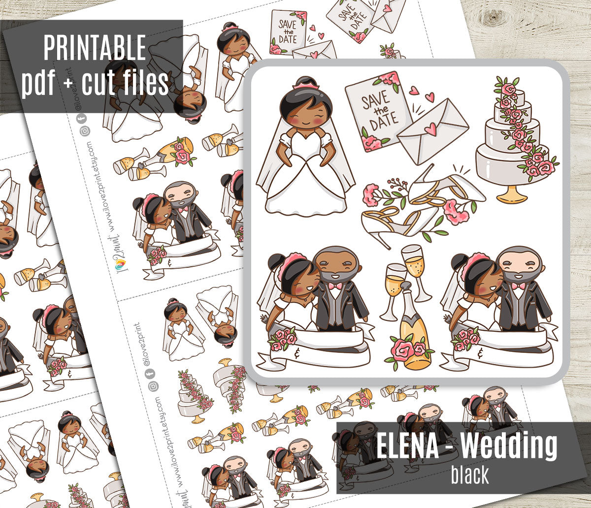 Elena's Wedding – BLACK Printable Planner Stickers – PDF & Cut Files