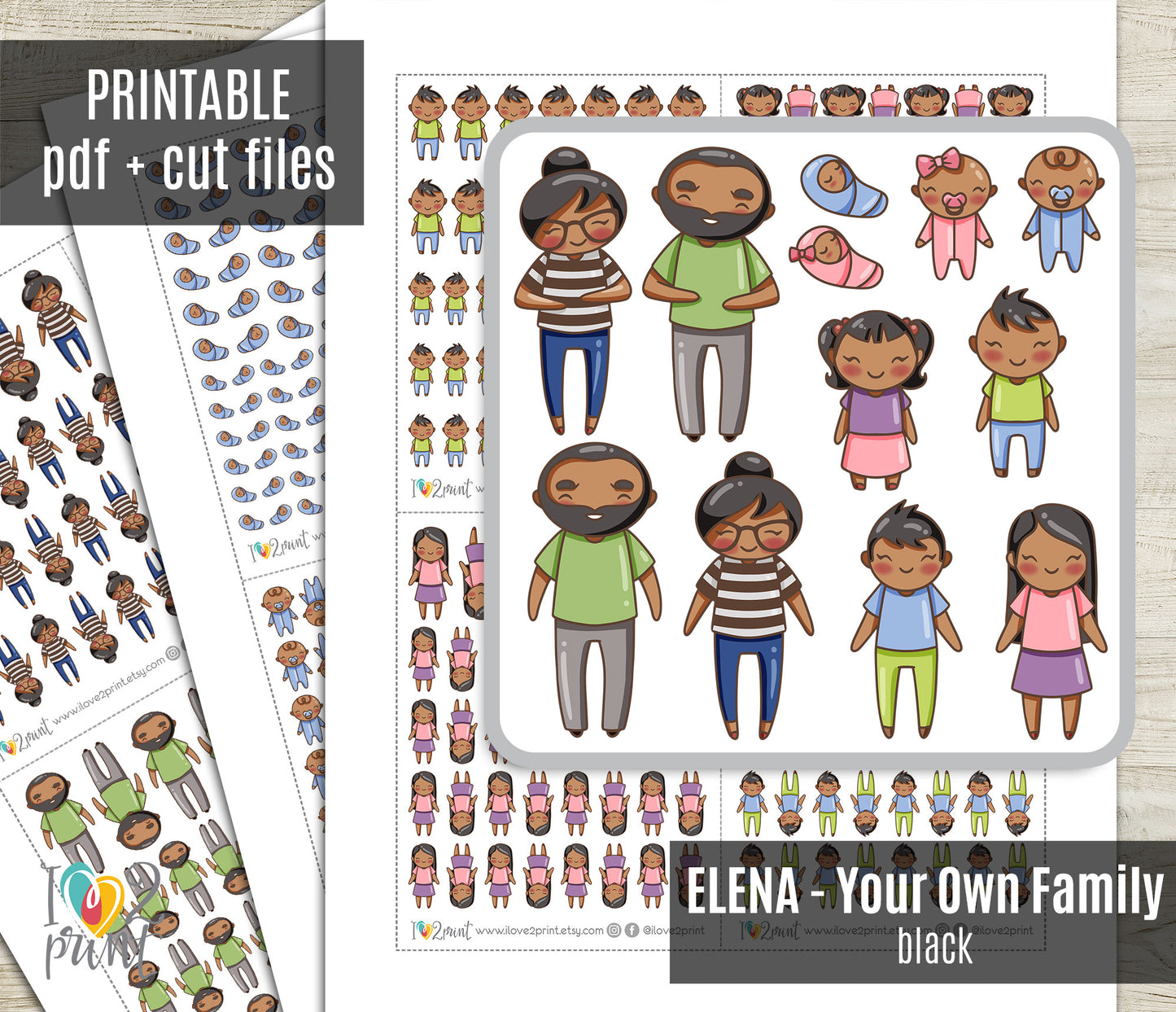Make Your Own Family Set 1 Black Hair Stickers | Elena Father Baby Kids | PDF Cut Files