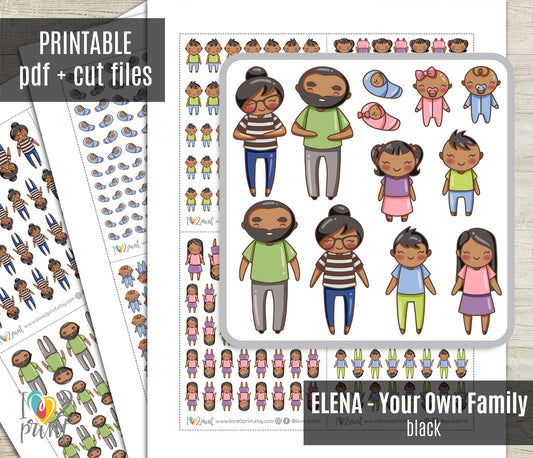 Make Your Own Family Set 1 Black Hair Stickers | Elena Father Baby Kids | PDF Cut Files