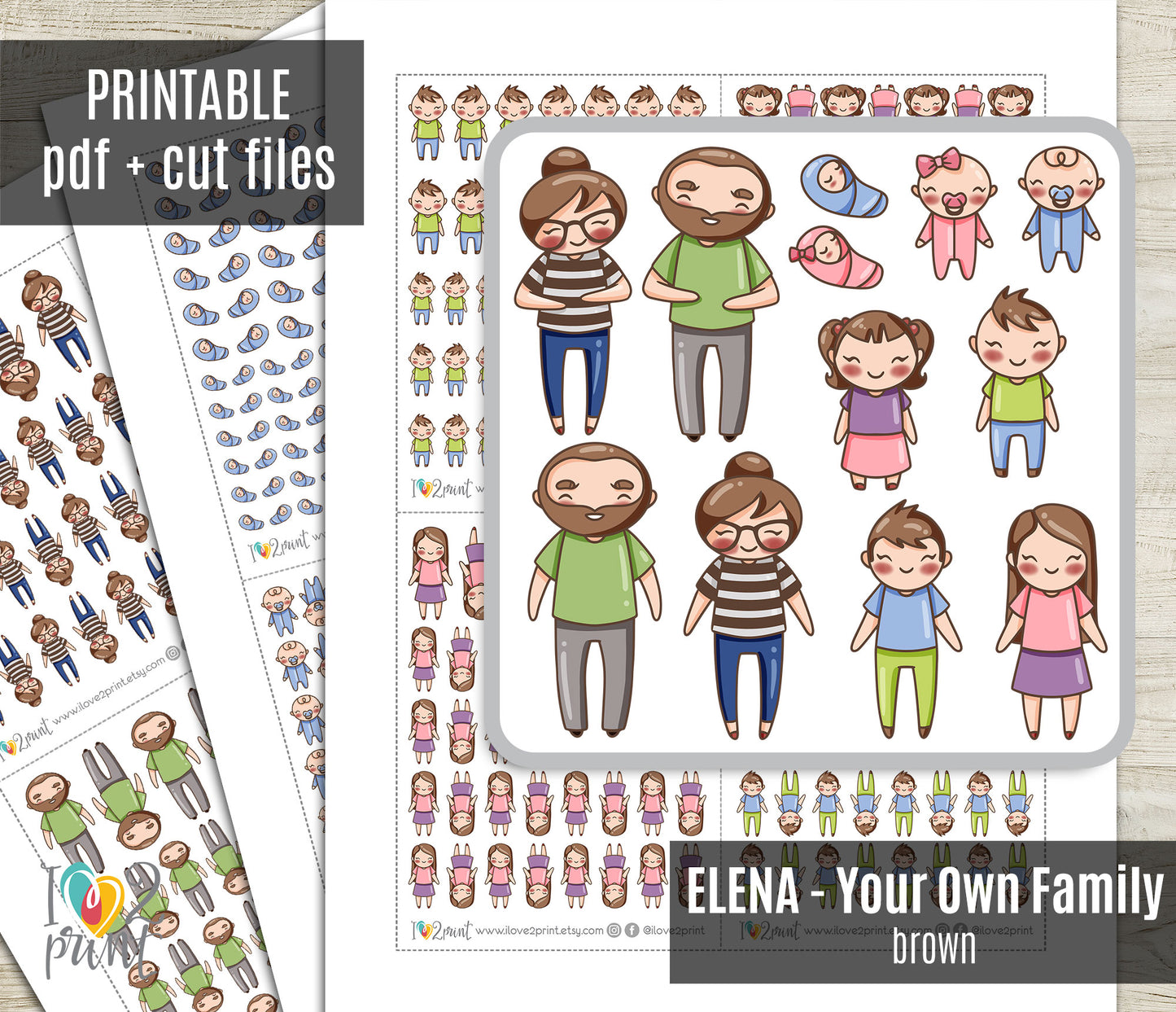 Make Your Own Family Set 1 Brown Hair Stickers | Elena Father Baby Kids | PDF Cut Files