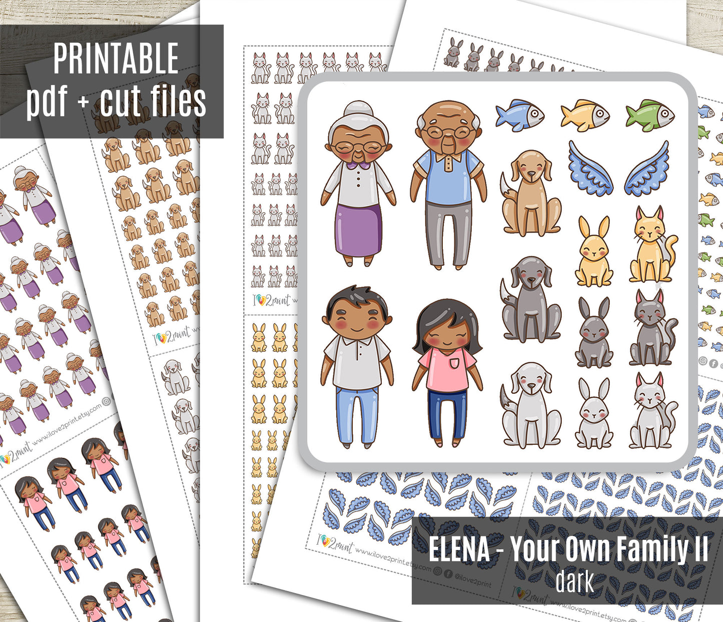 Make Your Own Family Set 2 Dark Skin Stickers | Grandparents Pets Teen | PDF Cut Files