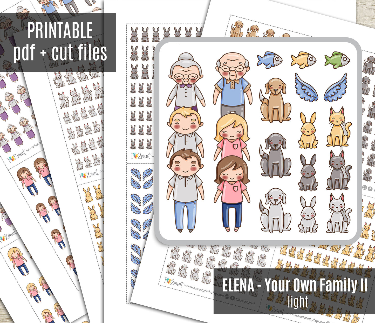 Make Your Own Family Set 2 Light Skin Stickers | Grandparents Pets Teen | PDF Cut Files