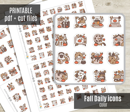 50 Fall - Daily Life Printable Icons Stickers – COLOR Planner Icons - PDF & Cut Files