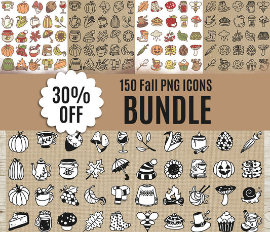 150 Fall Icons PNG Bundle – 50 Color, 50 Stamp, 50 Black & White – Digital Icons Clipart – Instant Download