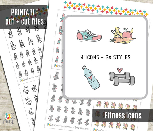 Fitness Icons Stickers – Printable (running shoes, water bottle, weights and fruits) - PDF & Cut Files