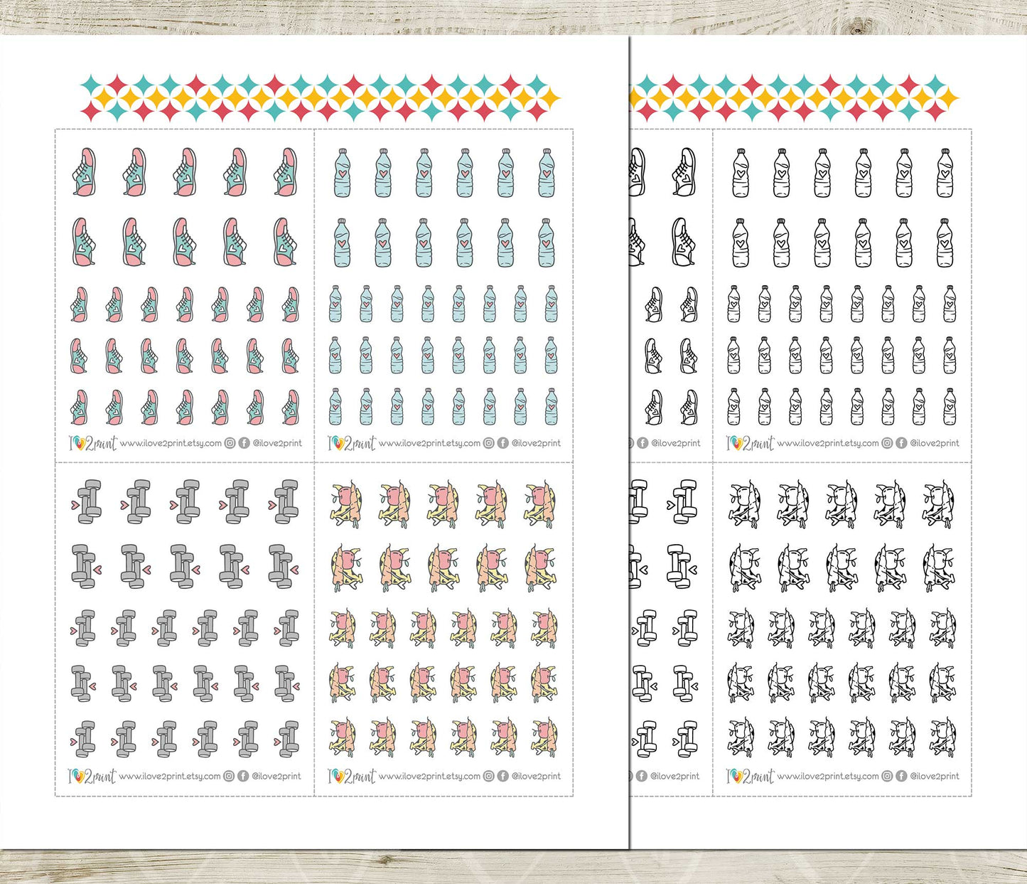 Fitness Icons Stickers – Printable (running shoes, water bottle, weights and fruits) - PDF & Cut Files