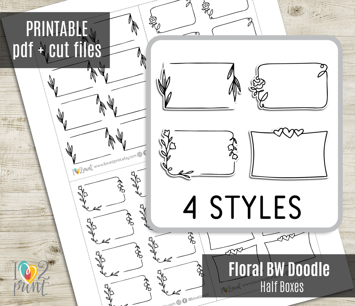 Floral BW Doodle Half Boxes with 4 styles on a wooden surface