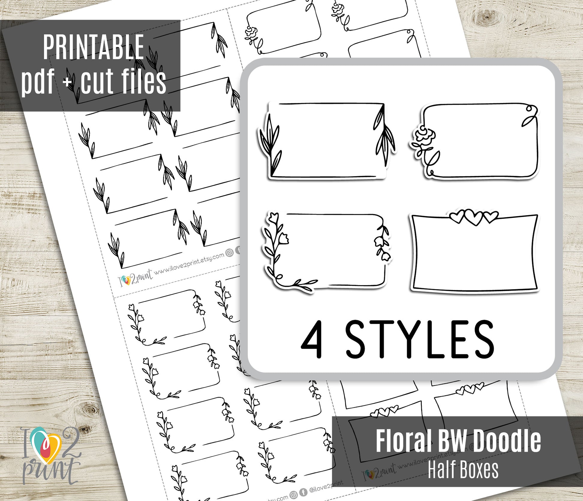 Floral BW Doodle Half Boxes with 4 styles on a wooden surface
