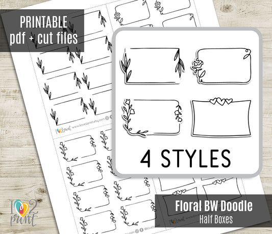 Floral Doodle Notes Printable Planner Stickers | Flower Heart Half Boxes | 4 Variations | PDF Cut Files
