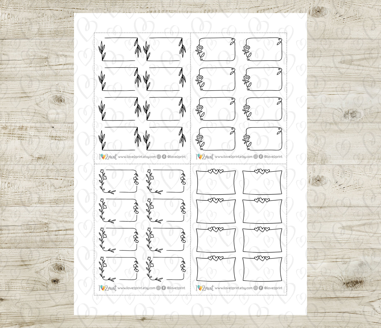 Sheet of decorative floral notes boxes stickers on a wooden surface
