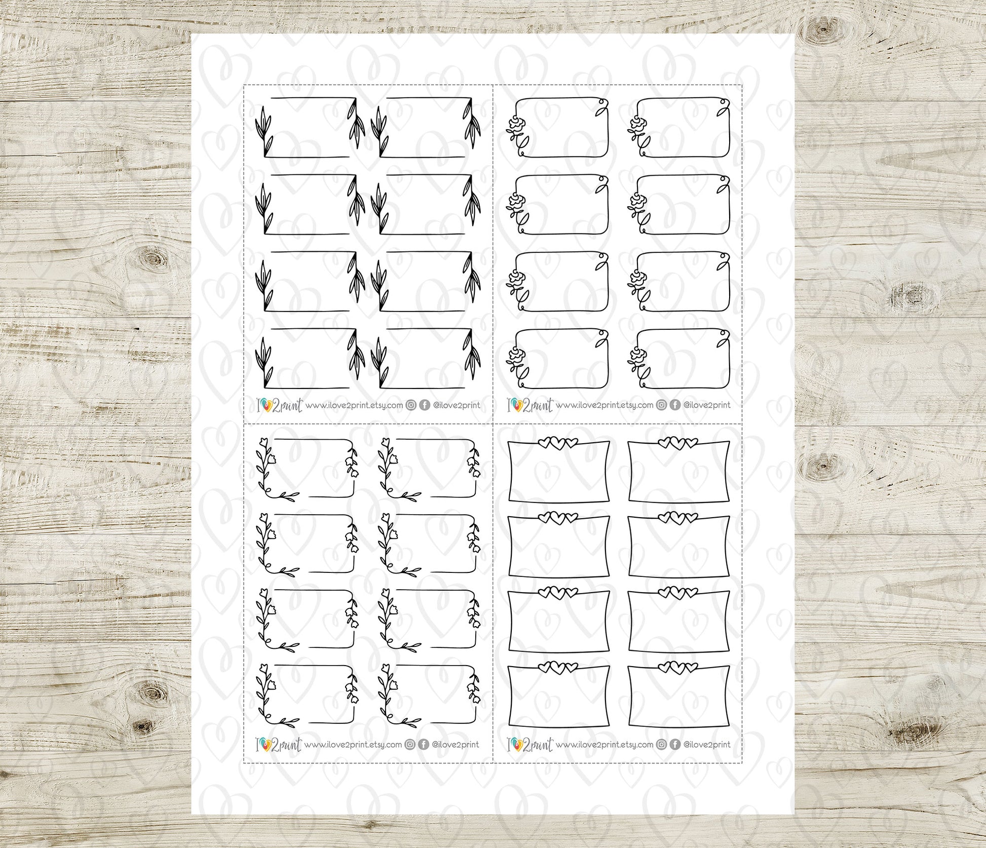 Sheet of decorative floral notes boxes stickers on a wooden surface