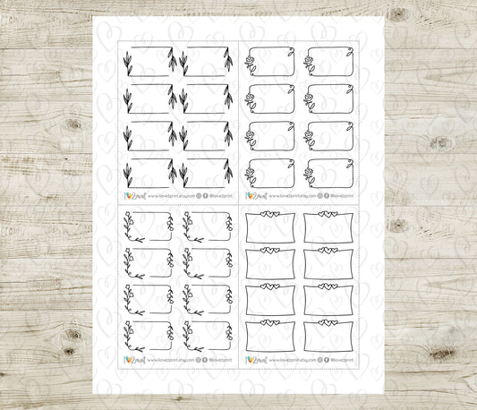 Sheet of decorative floral notes boxes stickers on a wooden surface