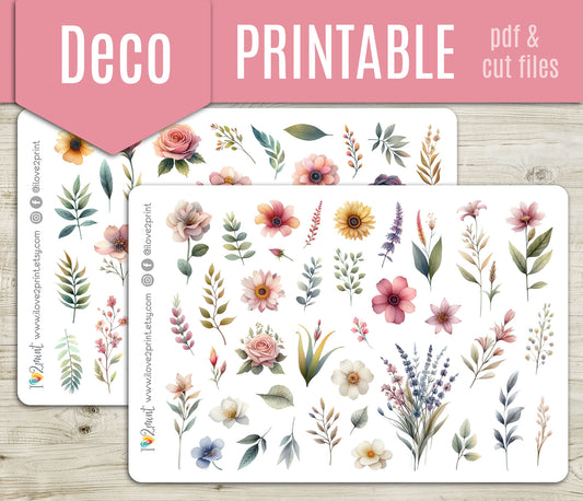 Floral Watercolor Decorative Printable Stickers | Botanical Garden | PDF Cut Files | Instant Download