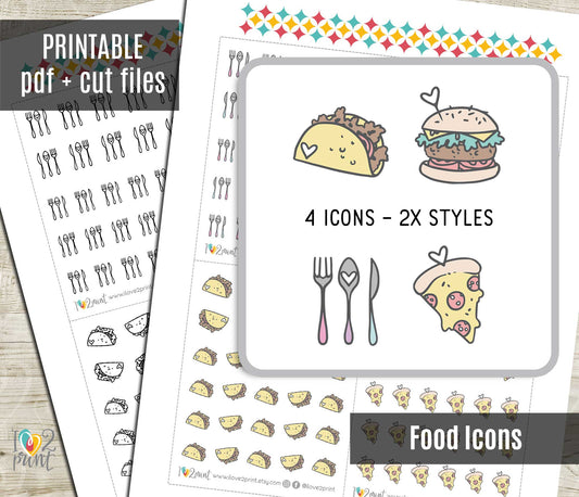 Printable Food Icons Stickers – Taco, Burger, Pizza & Cutlery – Instant Download PDF + Cut Files