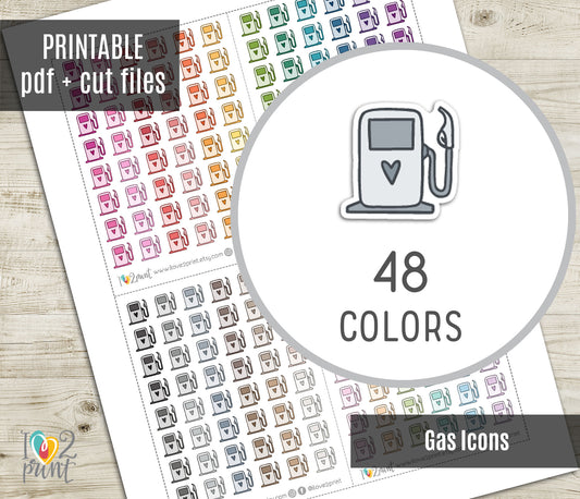 Gas Pump Mini Icons Printable Planner Stickers | 48 Colors | Fuel Travel Labels | PDF Cut Files