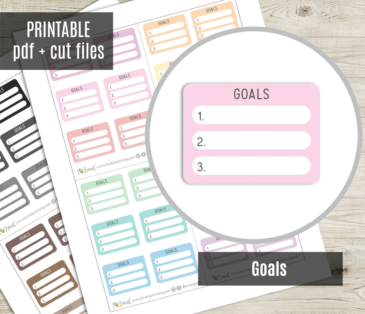 Set of printable goal-setting planner stickers on a wooden surface with 'Printable pdf + cut files' text.