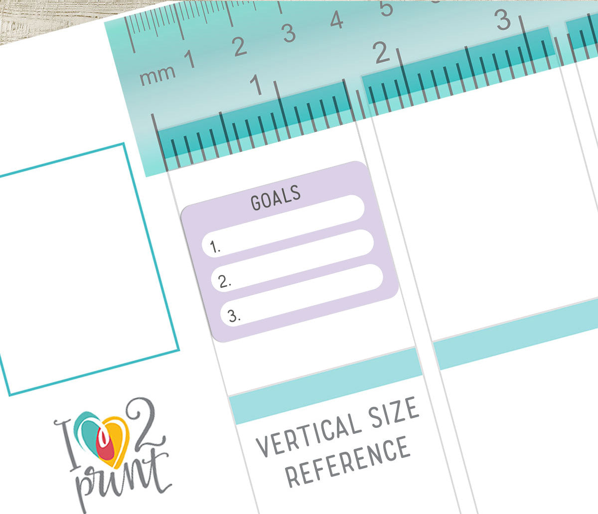 Planner stickers with goal-setting template on a vertical planner size reference on a white background