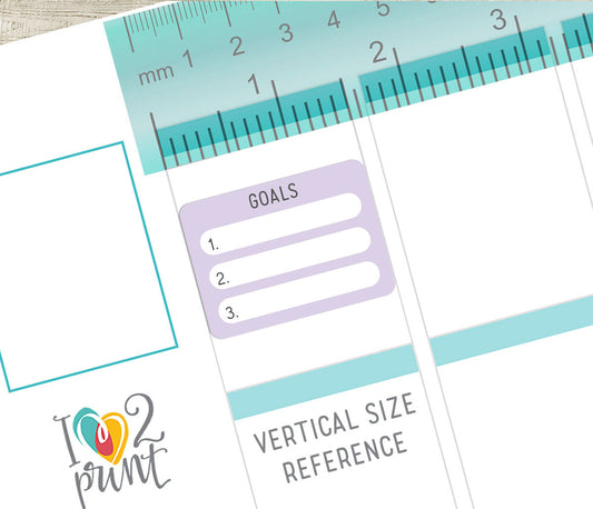 Planner stickers with goal-setting template on a vertical planner size reference on a white background