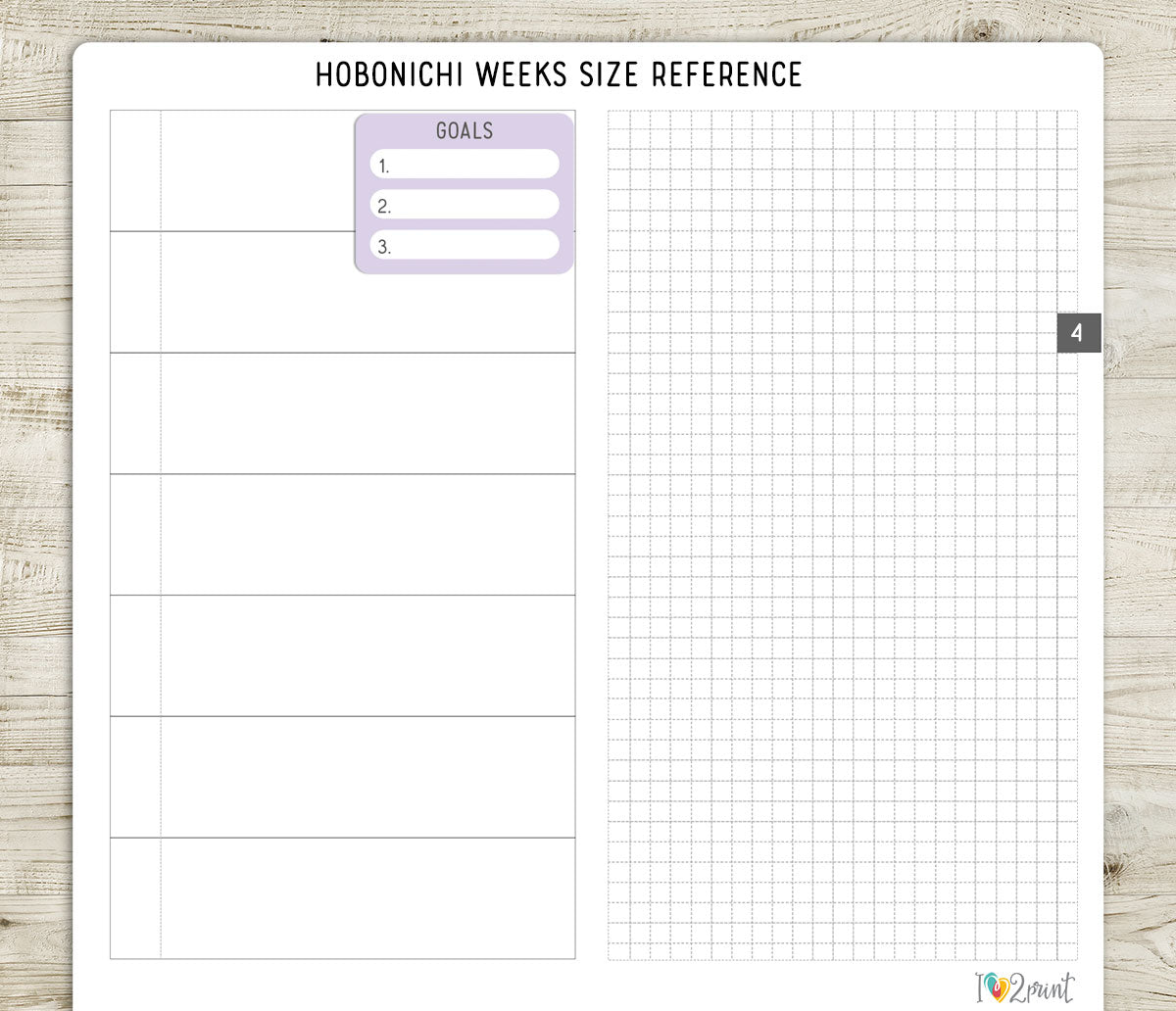 Hobonichi Weeks size reference sheet with grid and goals list sticker on a wooden surface
