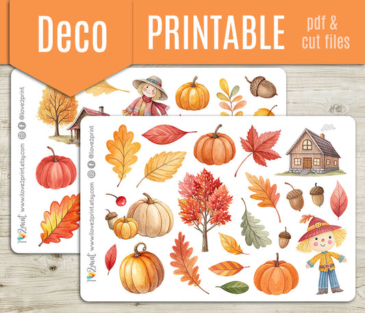 Golden Leaves – Printable Stickers – PDF & Cut Files – Fall Leaves, Scarecrow, Houses & Pumpkins