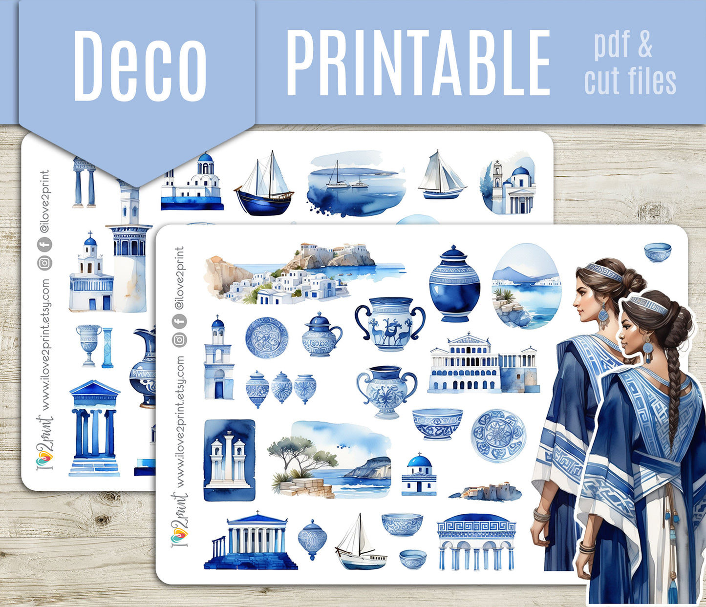 Greek Island Decorative Printable Stickers | Mediterranean Blue | PDF Cut Files | Instant Download