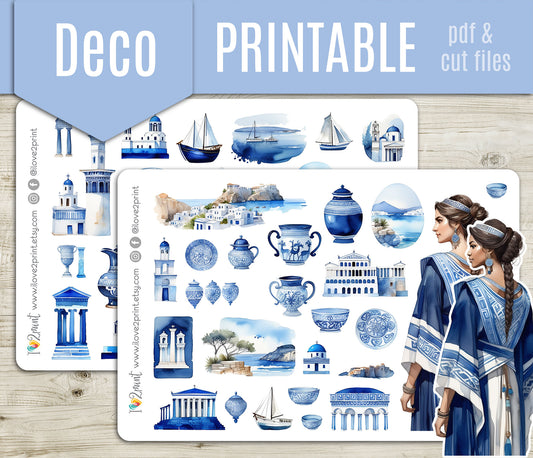 Greek Island Decorative Printable Stickers | Mediterranean Blue | PDF Cut Files | Instant Download