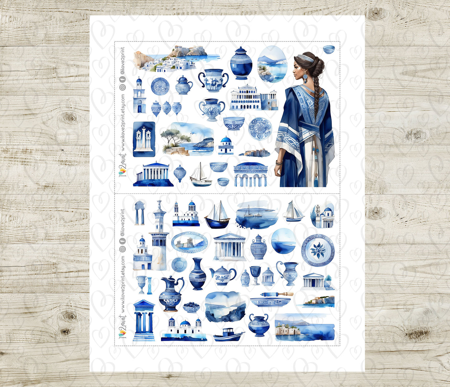 Greek Island Decorative Printable Stickers | Mediterranean Blue | PDF Cut Files | Instant Download