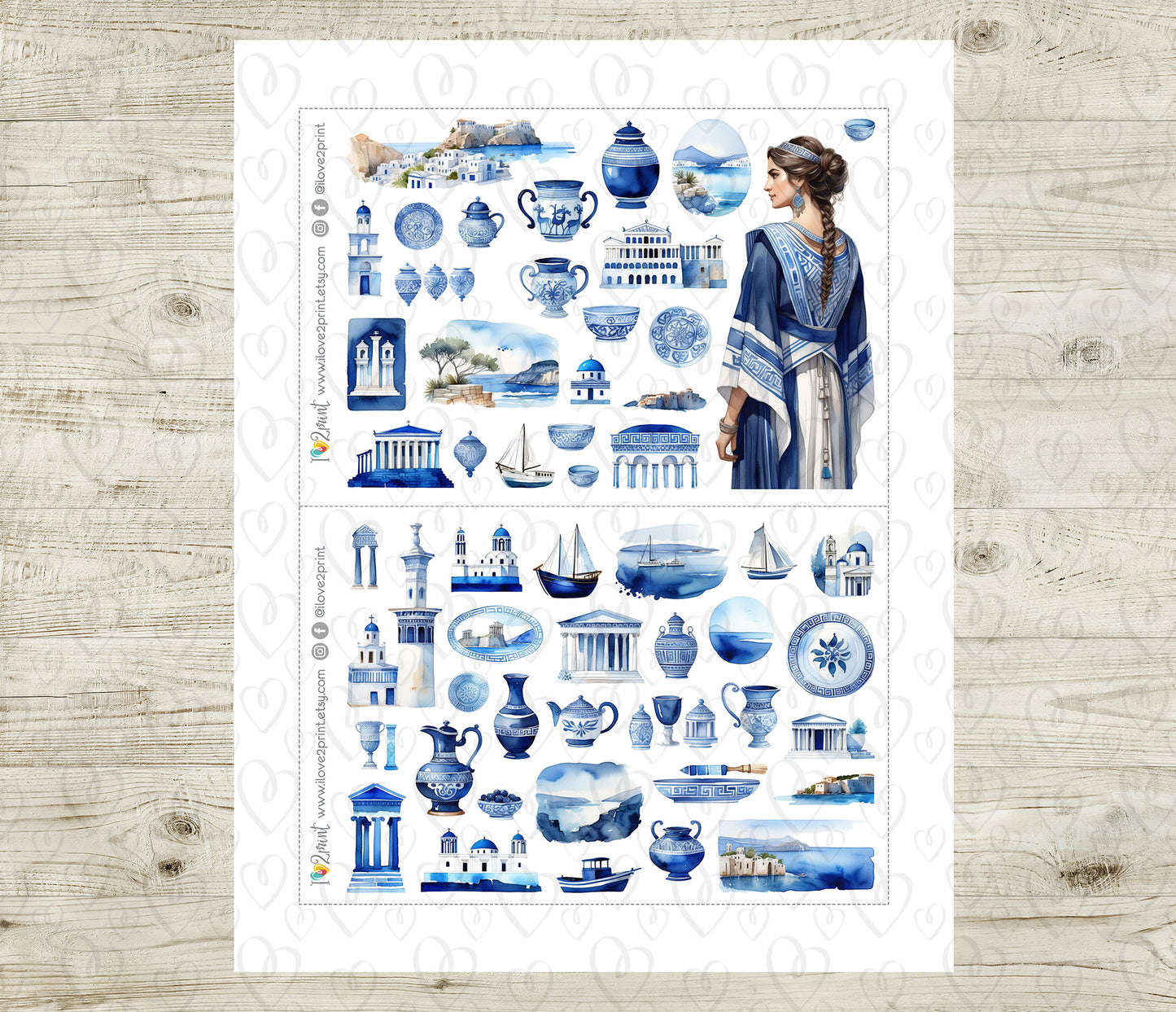 Greek Island Decorative Printable Stickers | Mediterranean Blue | PDF Cut Files | Instant Download