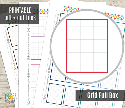 Printable Grid Colorful Full Box Planner Stickers - PDF & Cut Files