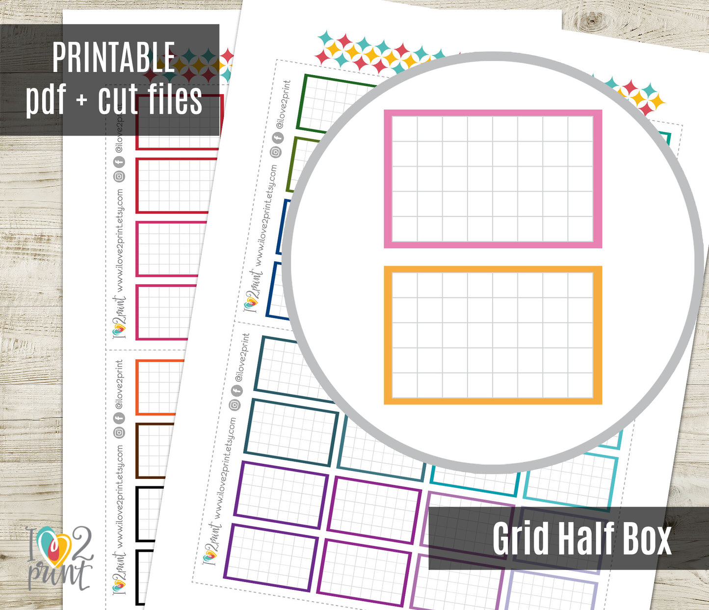 Printable Grid Colorful Half Box Planner Stickers - PDF & Cut Files