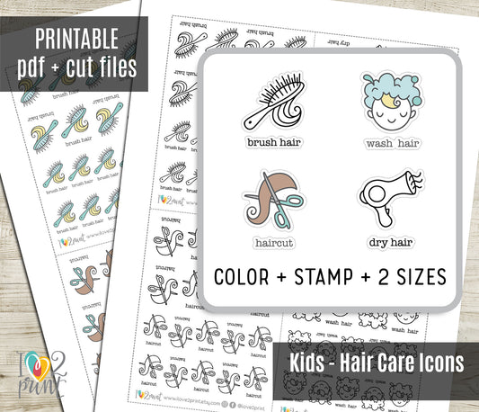 Children's Hair Care Icons Stickers – Printable (wash, dry, brush, and haircut) - PDF & Cut Files