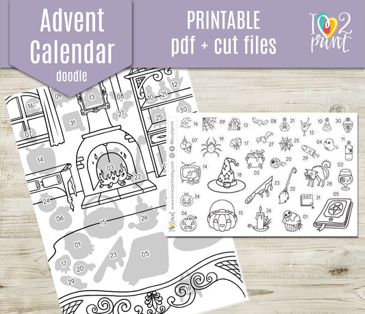 Halloween Advent Calendar Coloring Printable | Countdown Stickers | Instant Download PDF & Cut Files