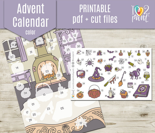 Halloween Advent Calendar Printable | Vintage Colors Countdown Stickers | Instant Download PDF & Cut Files