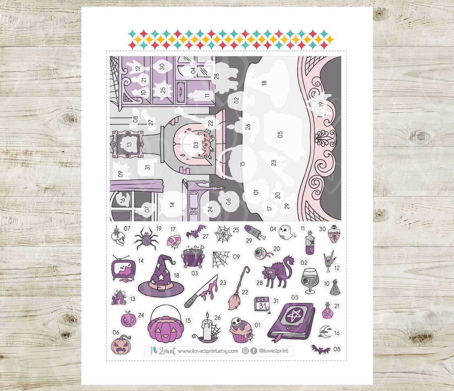 Halloween Advent Calendar Printable | Purple Colors Countdown Stickers | Instant Download PDF & Cut Files