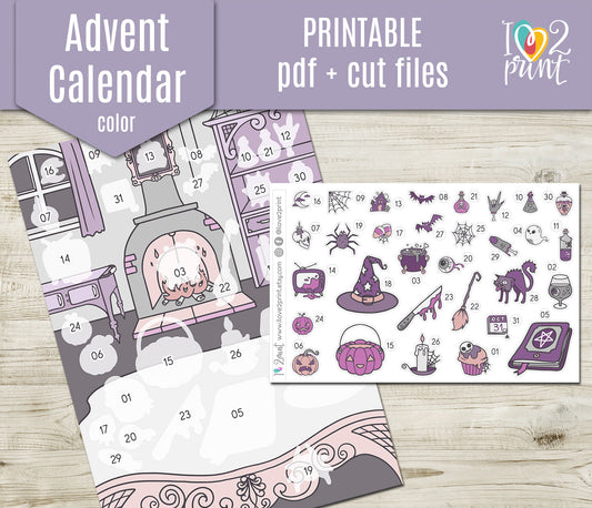 Halloween Advent Calendar Printable | Purple Colors Countdown Stickers | Instant Download PDF & Cut Files