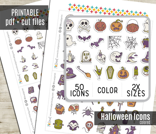 50 Halloween COLOR Icons | Printable Planner Stickers | Spooky Digital Stamps | PDF & Cut Files
