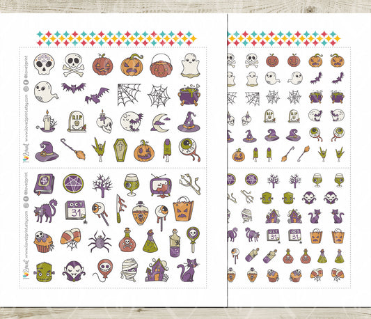 50 Halloween COLOR Icons | Printable Planner Stickers | Spooky Digital Stamps | PDF & Cut Files