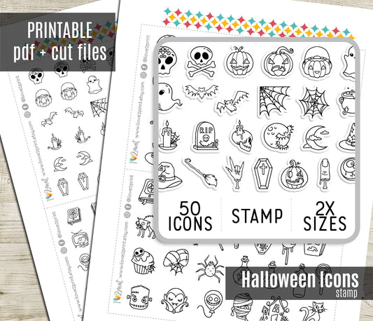 50 Halloween Stamp Icons | Printable Planner Stickers | Spooky Digital Stamps | PDF & Cut Files