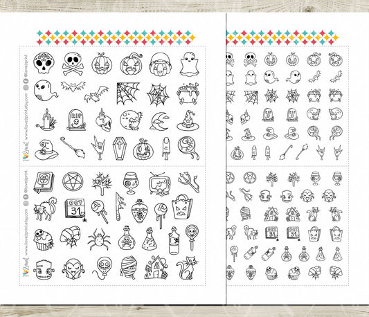 50 Halloween Stamp Icons | Printable Planner Stickers | Spooky Digital Stamps | PDF & Cut Files