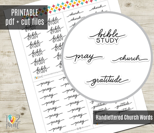 Printable Handlettered Stickers - Bible Study, Pray, Church, Gratitude - PDF & Cut Files