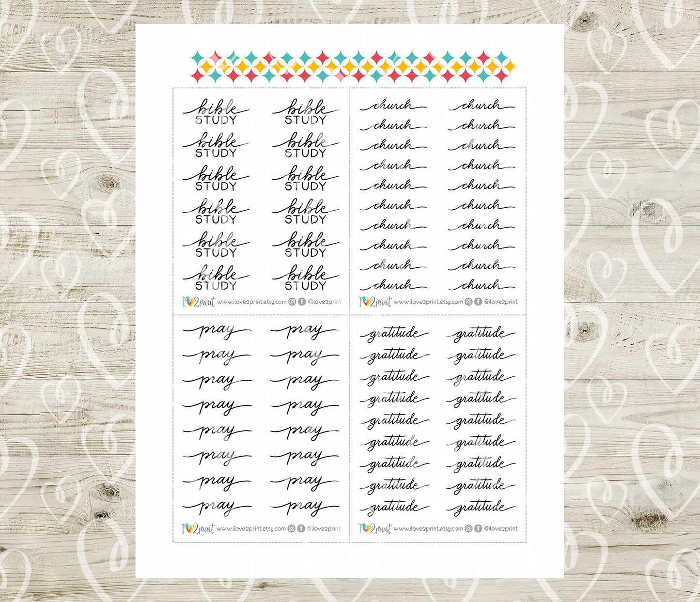 Printable Handlettered Stickers - Bible Study, Pray, Church, Gratitude - PDF & Cut Files