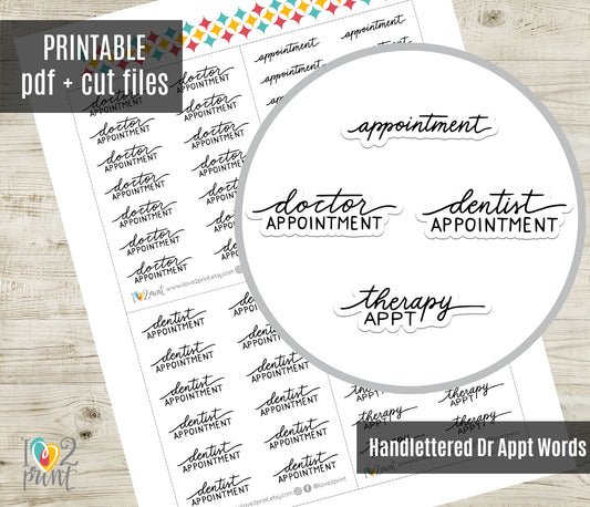 Doctor Appointment Handlettered Stickers - Printable Doctor, Dentist, Therapy Words - PDF & Cut Files