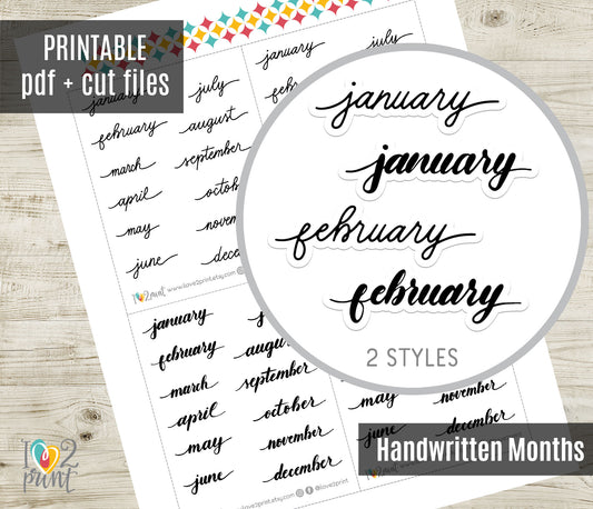 Months Handlettered Stickers - Printable Month Words - PDF & Cut Files