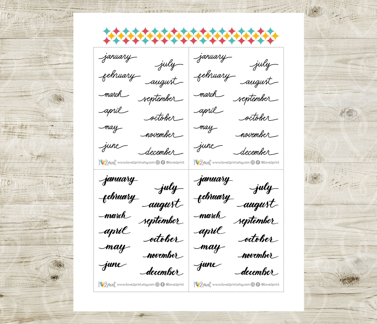 Months Handlettered Stickers - Printable Month Words - PDF & Cut Files